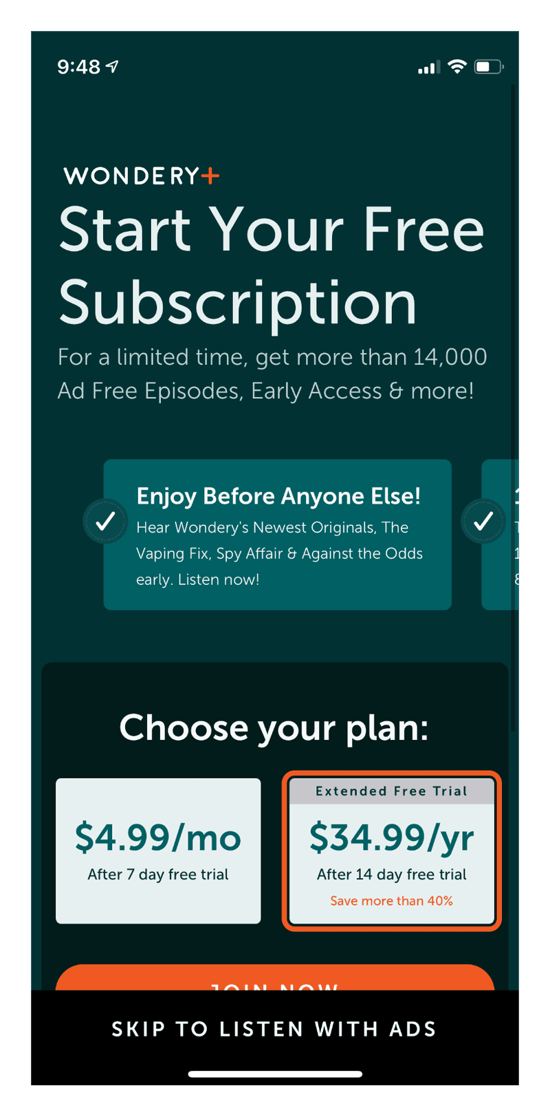 horizontal product buttons paywall design pattern wondery