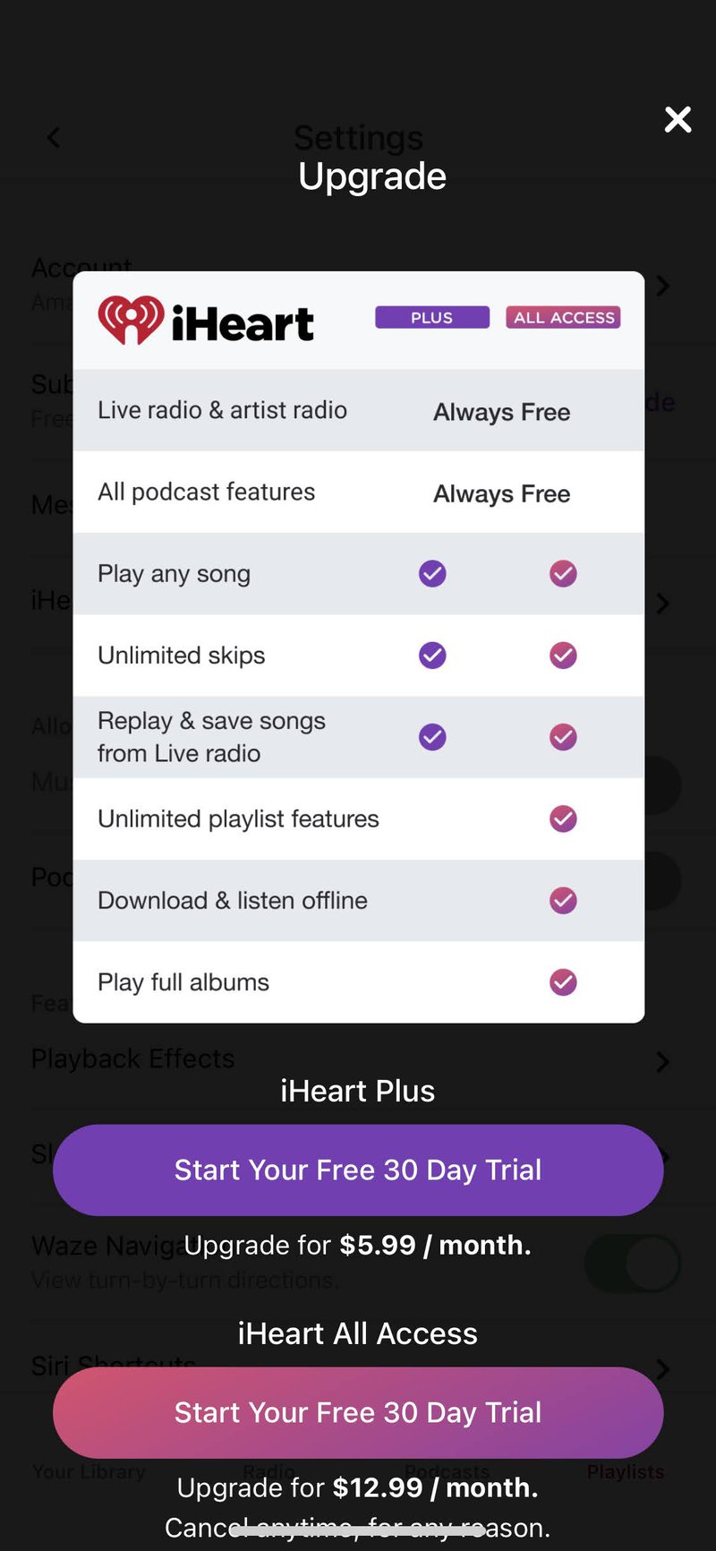 comparison table paywall design pattern iheart