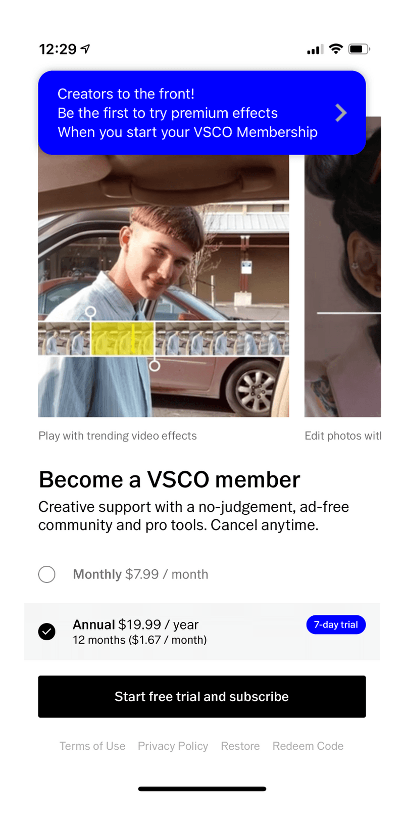 embedded video paywall design pattern vsco