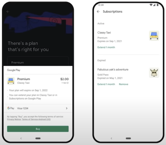 Google Play Billing prepaid plans example screenshot