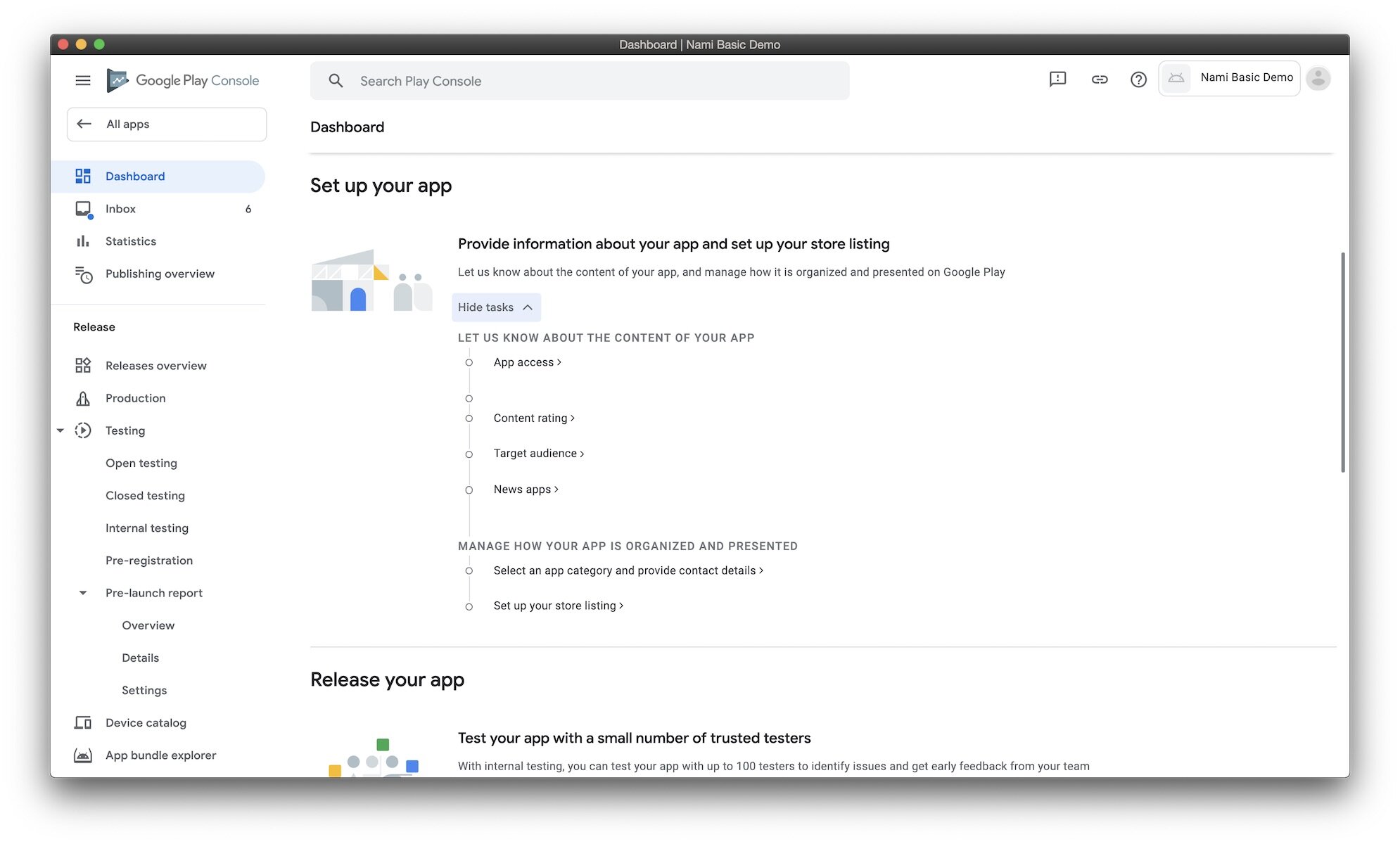 Google Play Console set up app screenshot