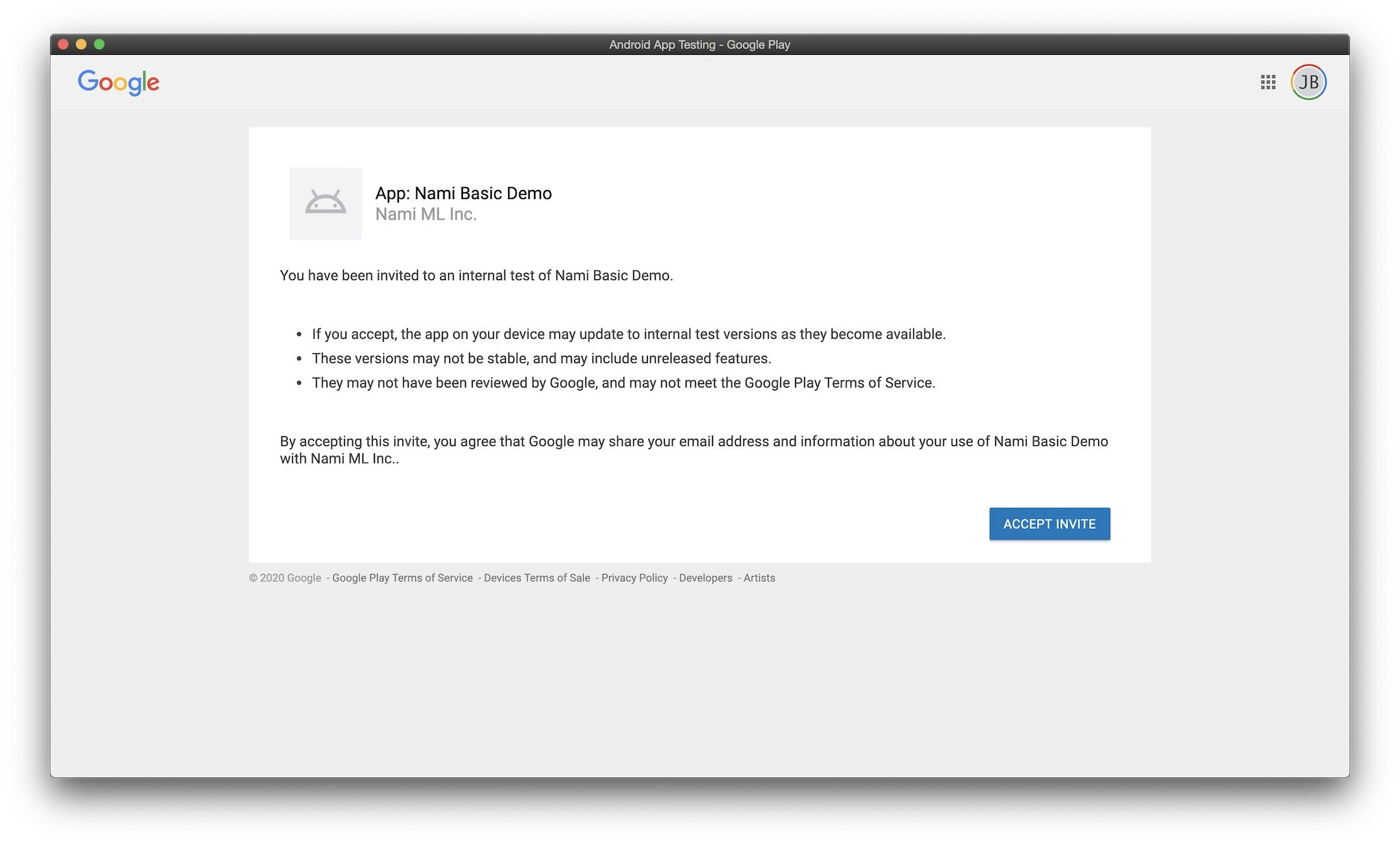 Google Play app tester invitation screenshot