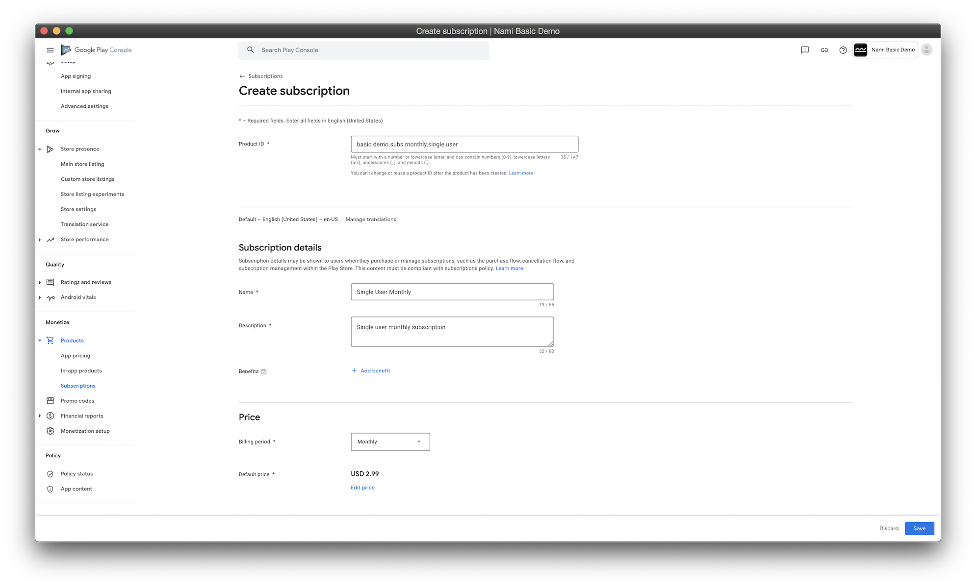 Google Play Console create subscriber product screenshot