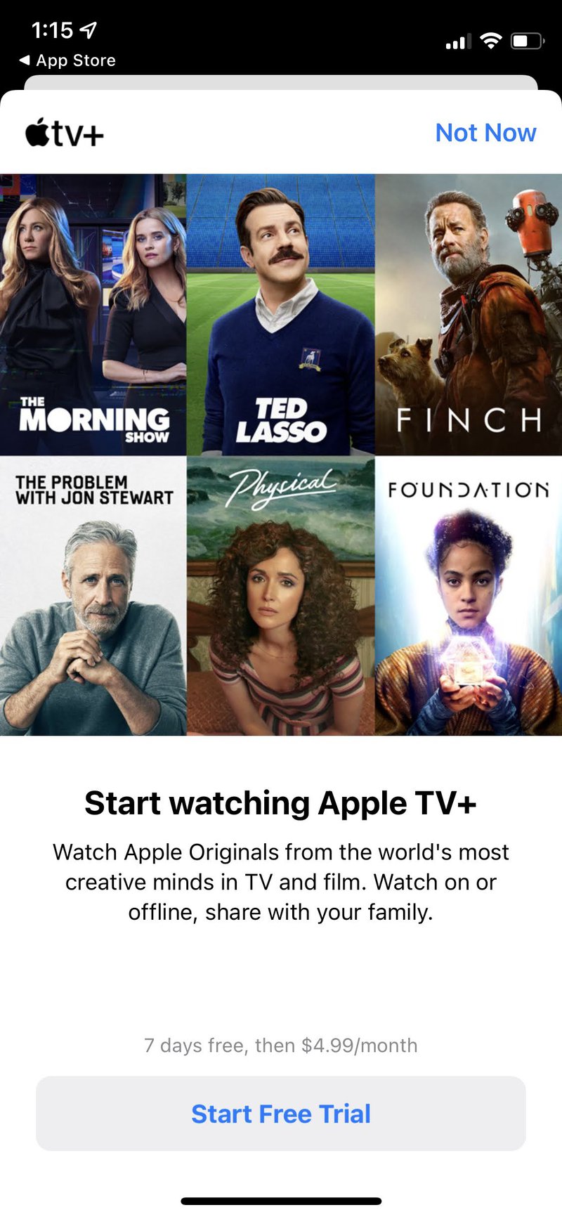 Apple TV's paywall has a clean interface with clear messaging on what their subscription offers
