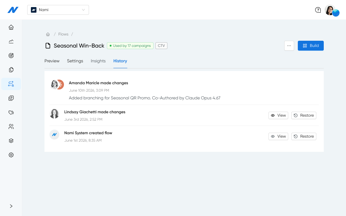 Nami Flows History tab for a 'Seasonal Win-Back' flow, listing recent changes by teammate with timestamps — including 'Added branching for Seasonal QR Promo' — each with View and Restore buttons.