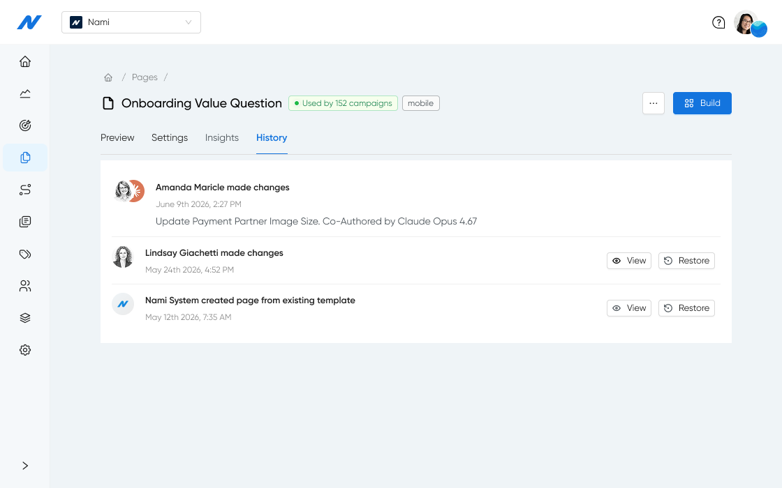 Nami Pages History tab for an 'Onboarding Value Question' page, listing recent edits by teammate with timestamps, each with View and Restore buttons.