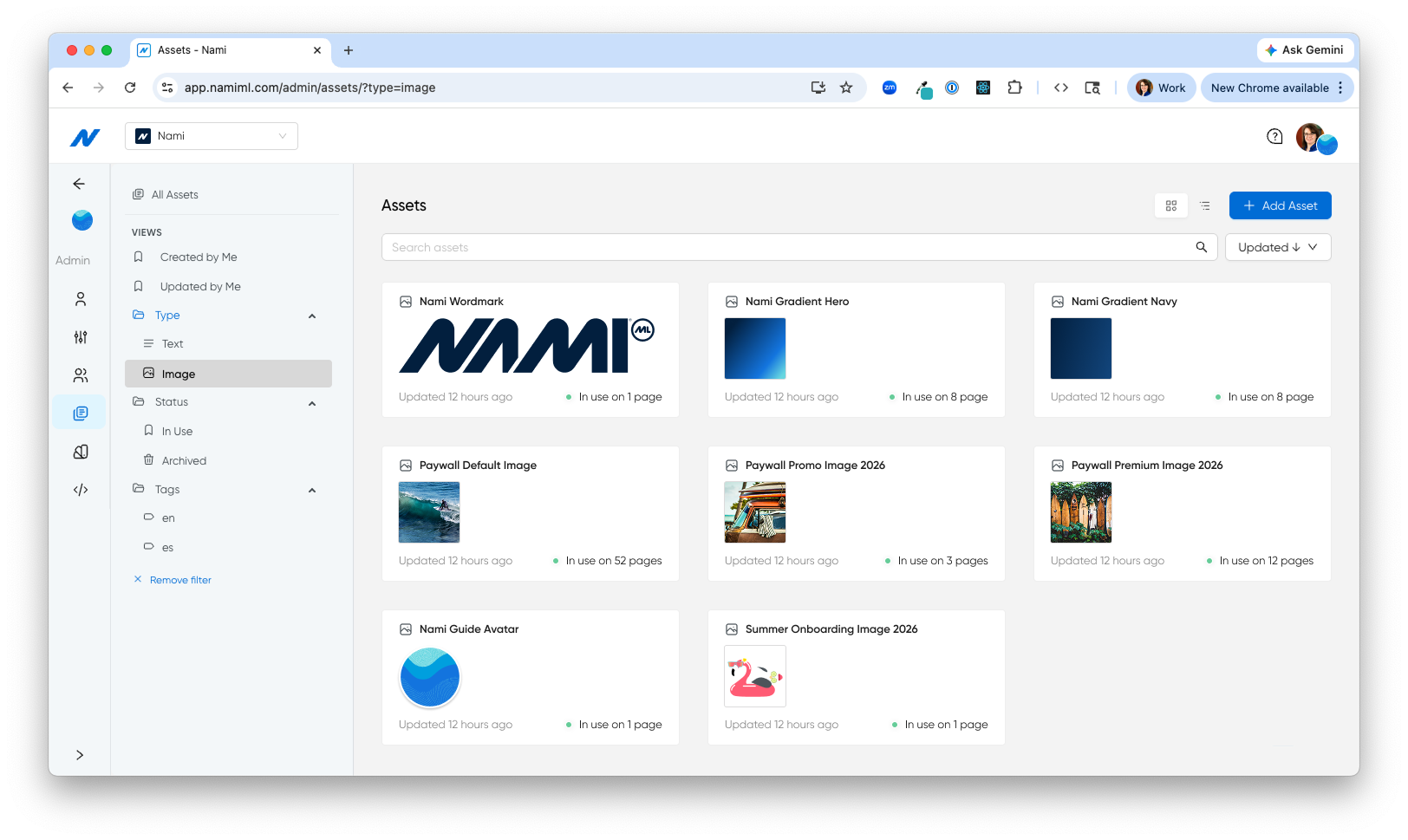 Nami Pages Asset Library showing a searchable grid of brand assets — logos, images, and icons — under an 'Assets' header.