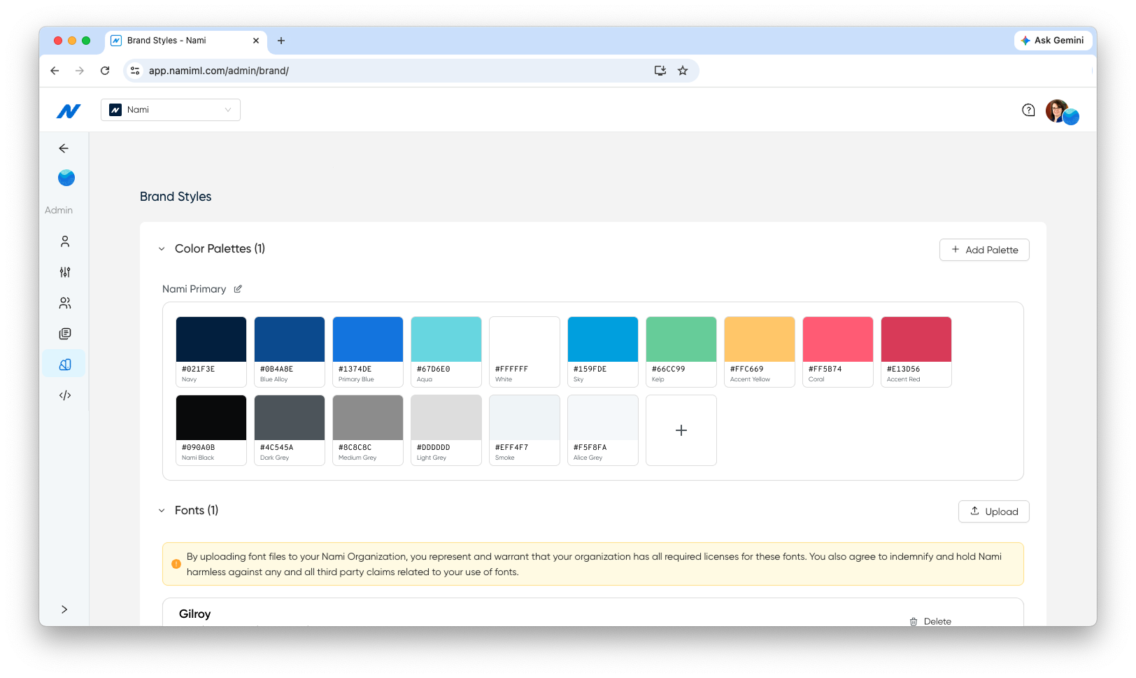Nami Pages Brand Styles panel showing a Color Palettes section with named brand colors and a grid of color chips.